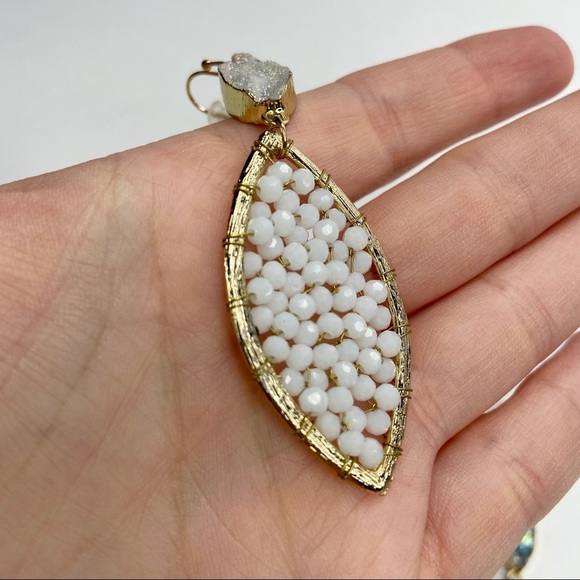 Druzy Stone White Beaded Cats Eye Drop Earrings - Picture 2 of 8